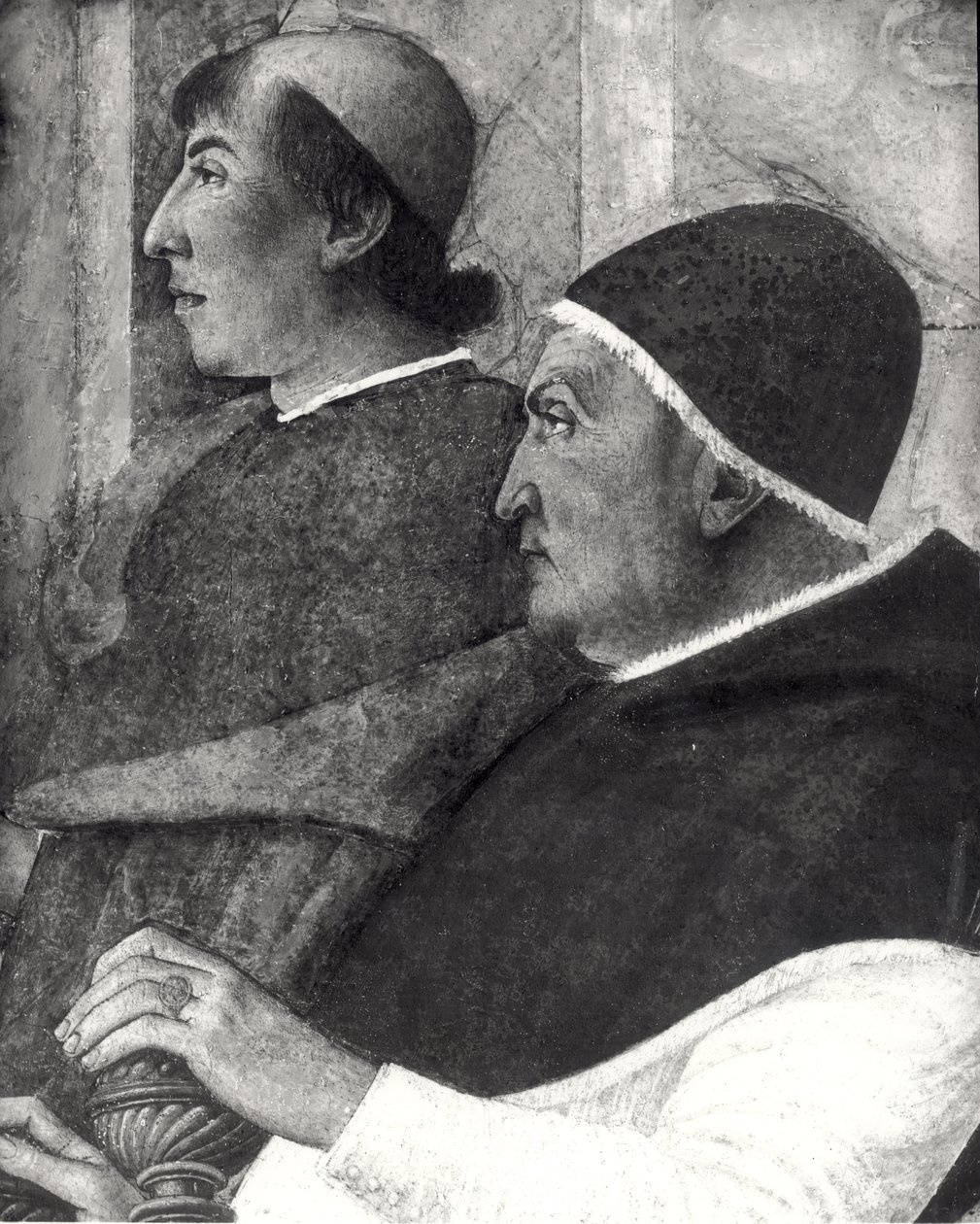 Paus Sixtus IV (1414-84) met een kardinaal achter hem installeert Bartolommeo Platina als directeur van de Vaticaanse Bibliotheek (detail) door Melozzo da Forli