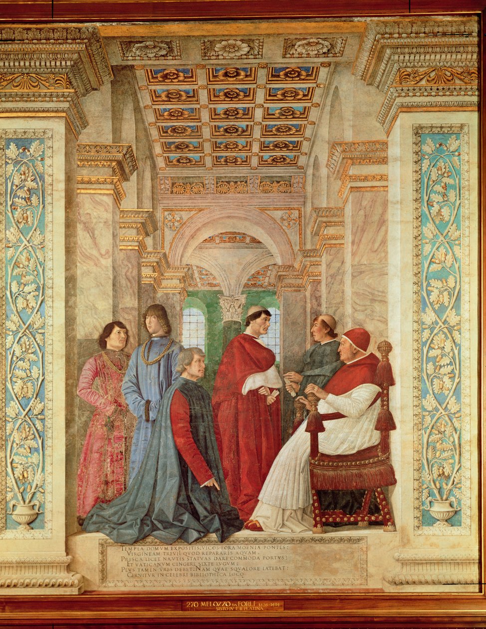 Paus Sixtus IV installeert Bartolommeo Platina als Directeur van de Vaticaanse Bibliotheek, c. 1477 door Melozzo da Forli