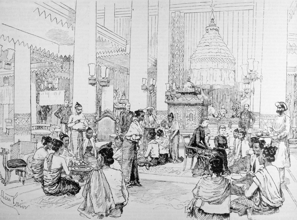 De Onderkoning van India in Birma: Birmese Dames die Thee Drinken met Lady Dufferin in het Paleis van Mandalay, uit 