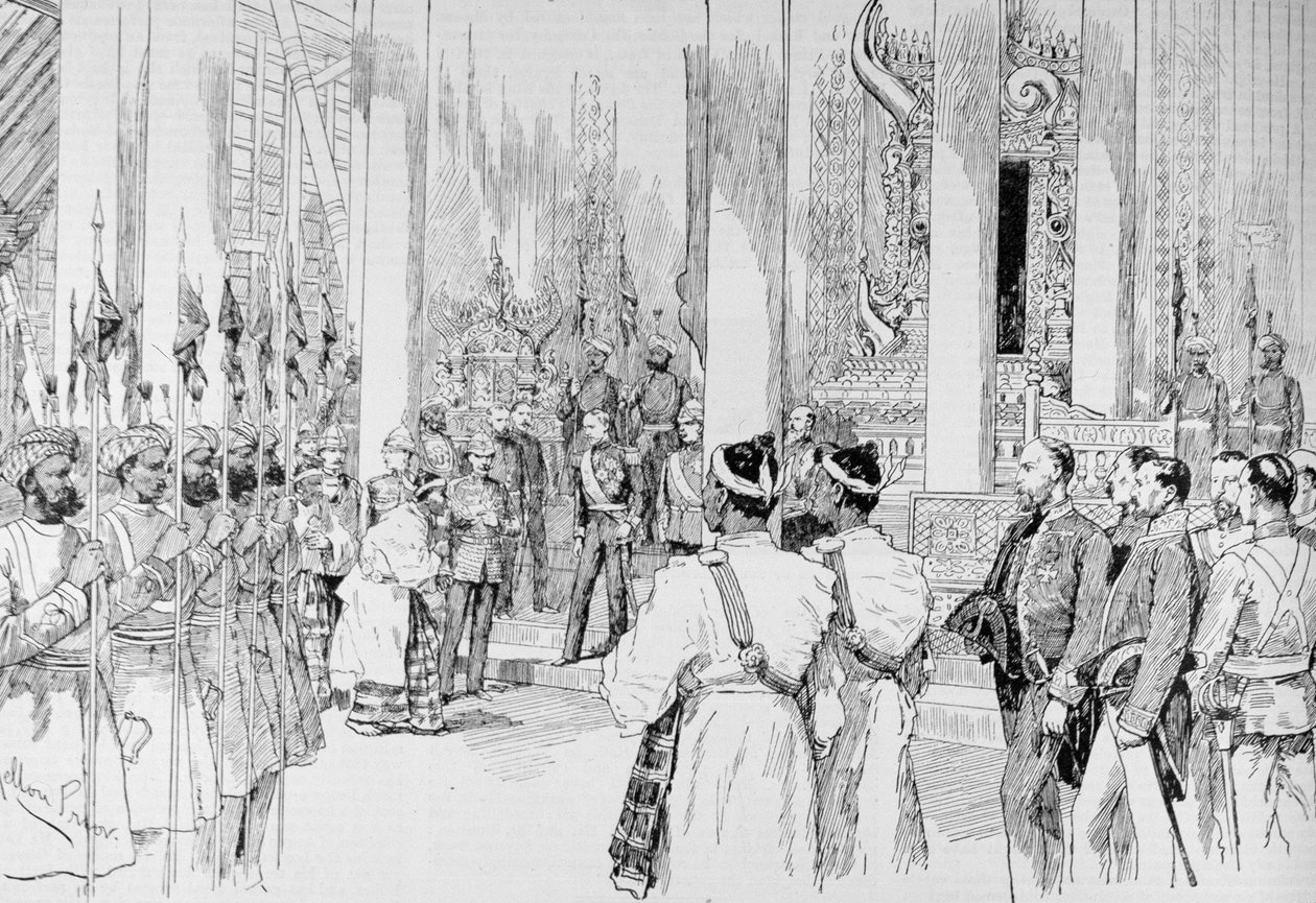 Lord Dufferin houdt audiëntie in de Grote Troonzaal van het Paleis in Mandalay, uit 