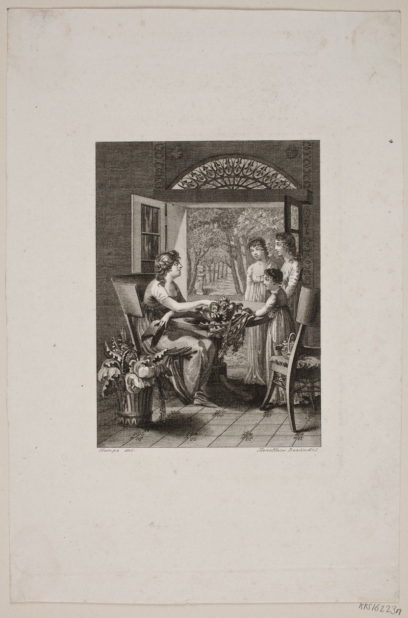 Illustratie met vrouwen aan een tafel in een tuinkamer door Meno Haas