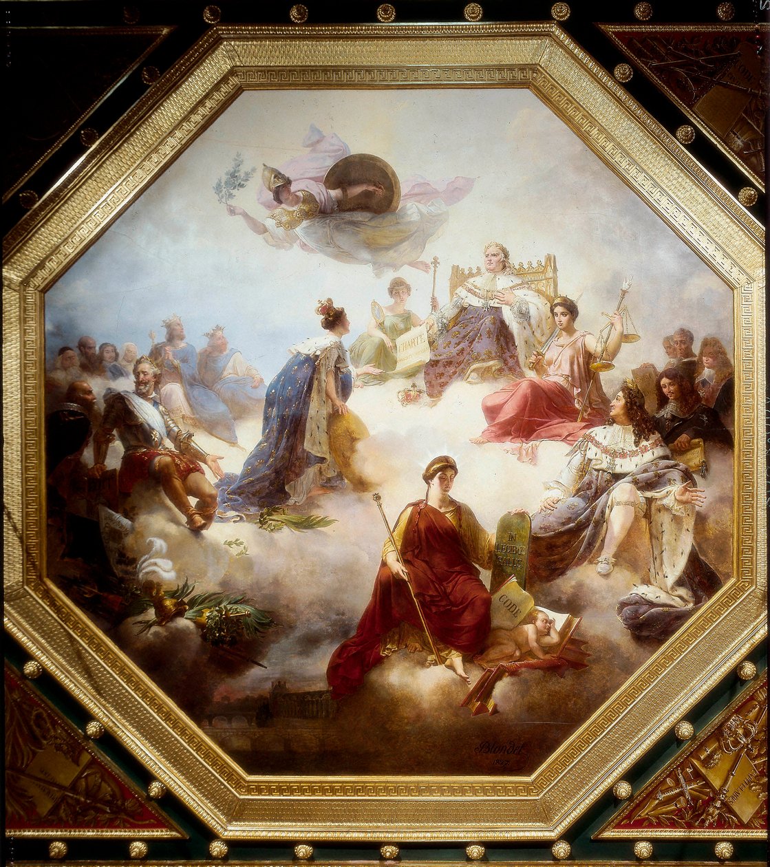Frankrijk, te midden van de wetgevende koningen en Franse juristen, ontvangt het Constitutionele Handvest van Lodewijk XVIII, plafond van de Camondo-kamer, Louvre, Parijs door Merry Joseph Blondel