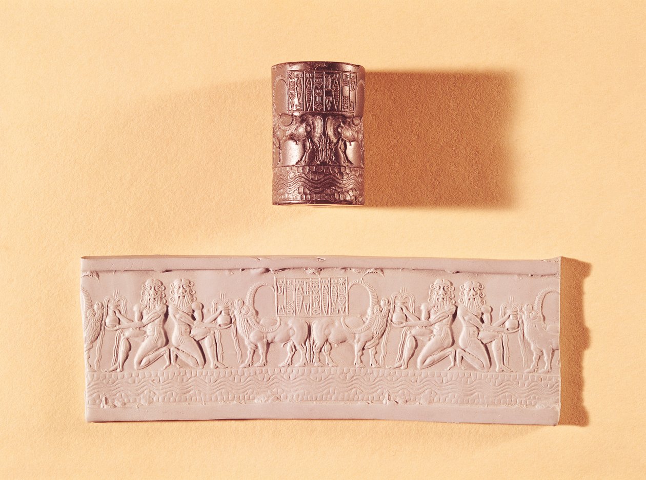 Akkadische cilinderzegel en afdruk van Shar-kali-sharri (c.2217-c.2193 v.Chr.) koning van Akkad, Mesopotamië, c.2340-2100 v.Chr. (marmer) door Mesopotamian