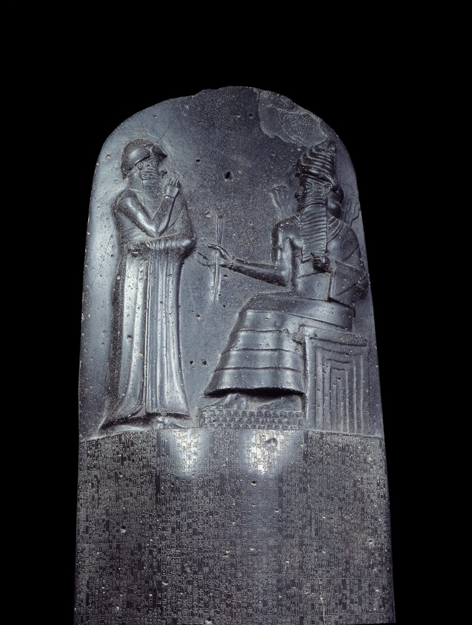 Mesopotamië: stèle in dioriet van de Wetten van Hammurabi door Mesopotamian