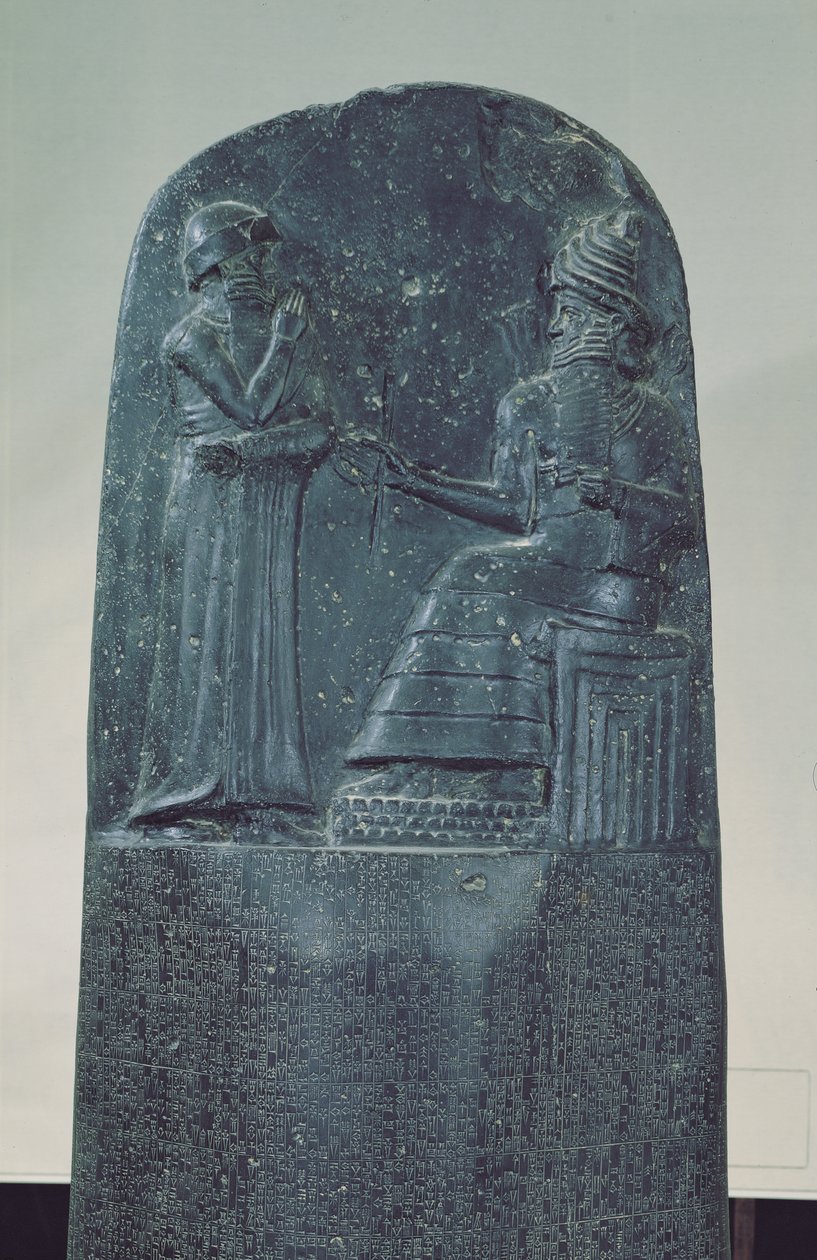 Reliëfbeeld van de zonnegod Shamash die zijn wetten dicteert aan koning Hammurabi op zijn beroemde wetboek, Oud-Babylonische periode, 1760 v.Chr. door Mesopotamian