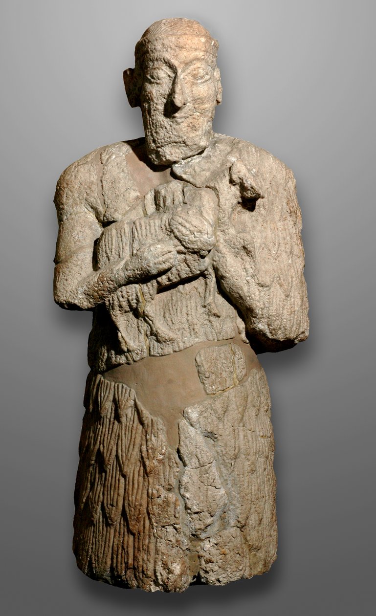 Standbeeld van een man die schapen brengt om te offeren, Sumerië door Mesopotamian