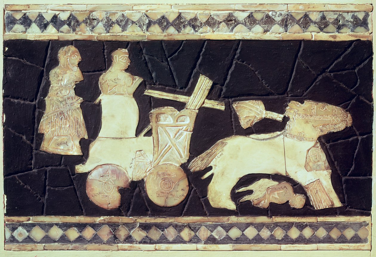 Oorlogsstrijdwagen getrokken door twee paarden, 2800-2300 v.Chr. door Mesopotamian