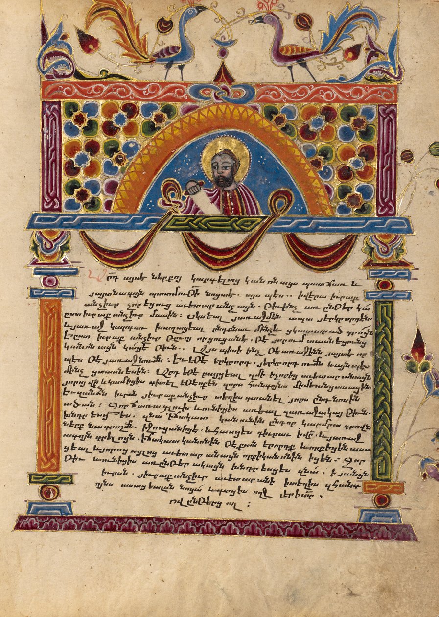 Versierde tekstpagina met halve figuur van Carpianus door Mesrop of Khizan