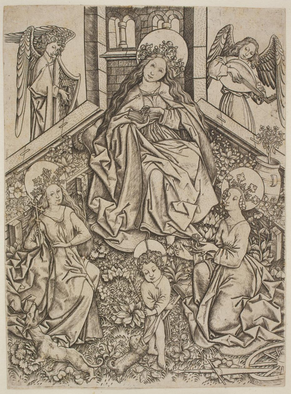 Maria met het kindje Jezus, de Heilige Margaretha en de Heilige Catharina door Mester ES