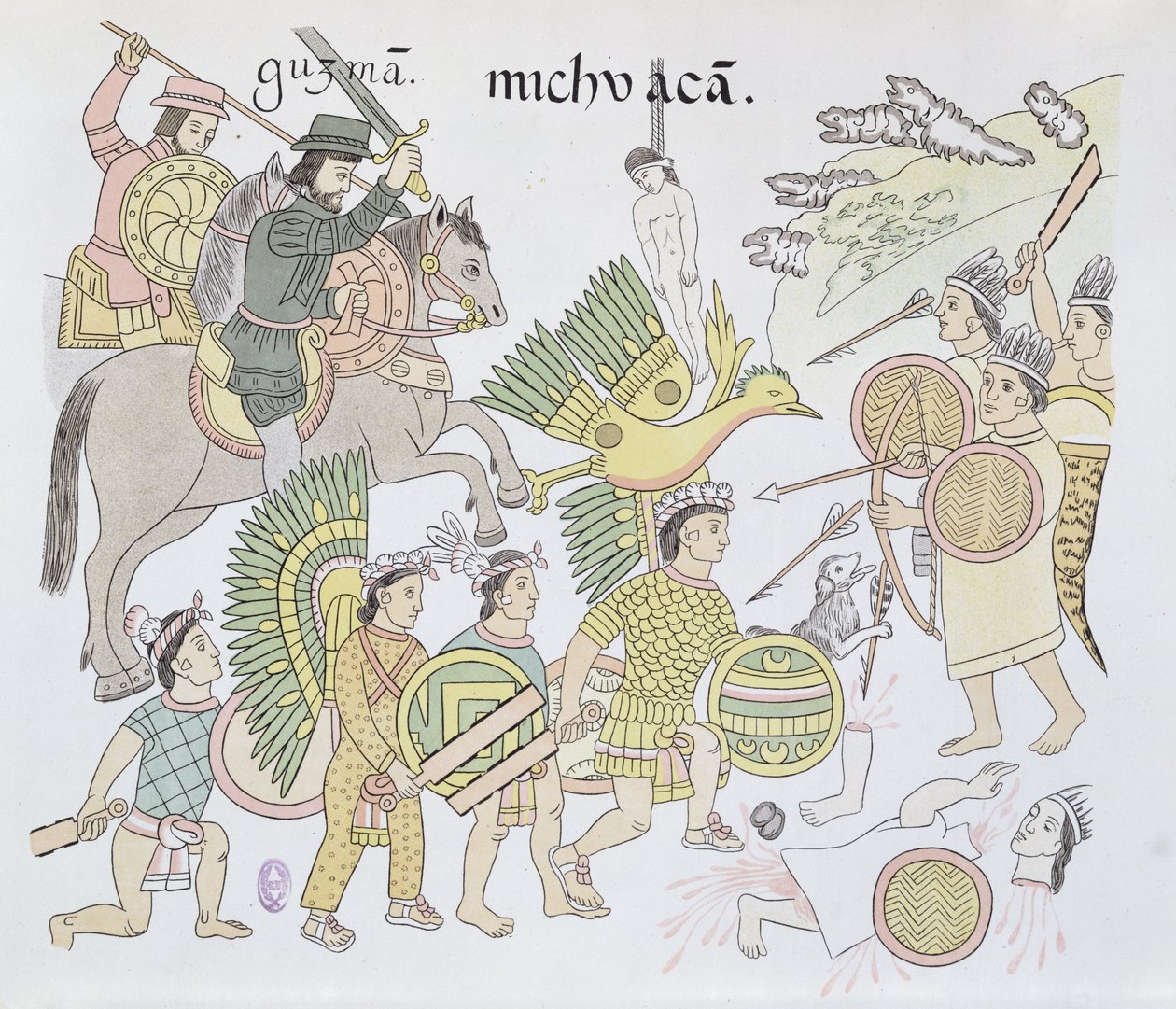 Slag bij Michoacan tussen de Spanjaarden en de Azteken, illustratie uit een facsimile van een Mexicaanse Indiaanse geschiedenistekening Lienzo de Tlaxcala, ca. 1550, 1892 door Mexican School