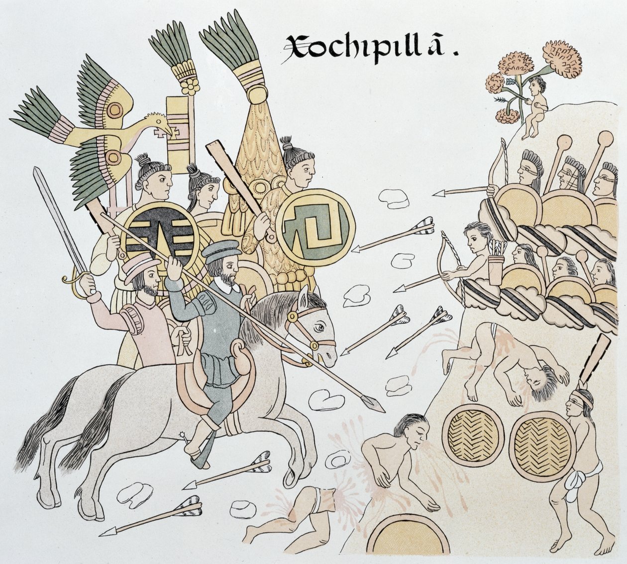 Slag bij Xochipilla tussen de Spanjaarden en de Azteken, illustratie uit een facsimile van een Mexicaanse Indiaanse geschiedenisschildering Lienzo de Tlaxcala, ca. 1550, 1892 door Mexican School