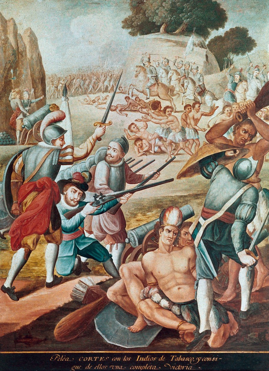 De verovering van Mexico: gevecht tussen Hernando Cortes en de indianen van Tabasco in 1519 door Mexican School