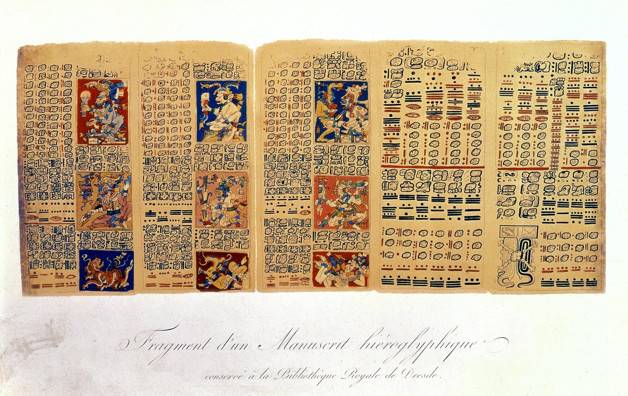 Kopie van een fragment van de Dresden Codex met Maya astronomische berekeningen door Mexican School