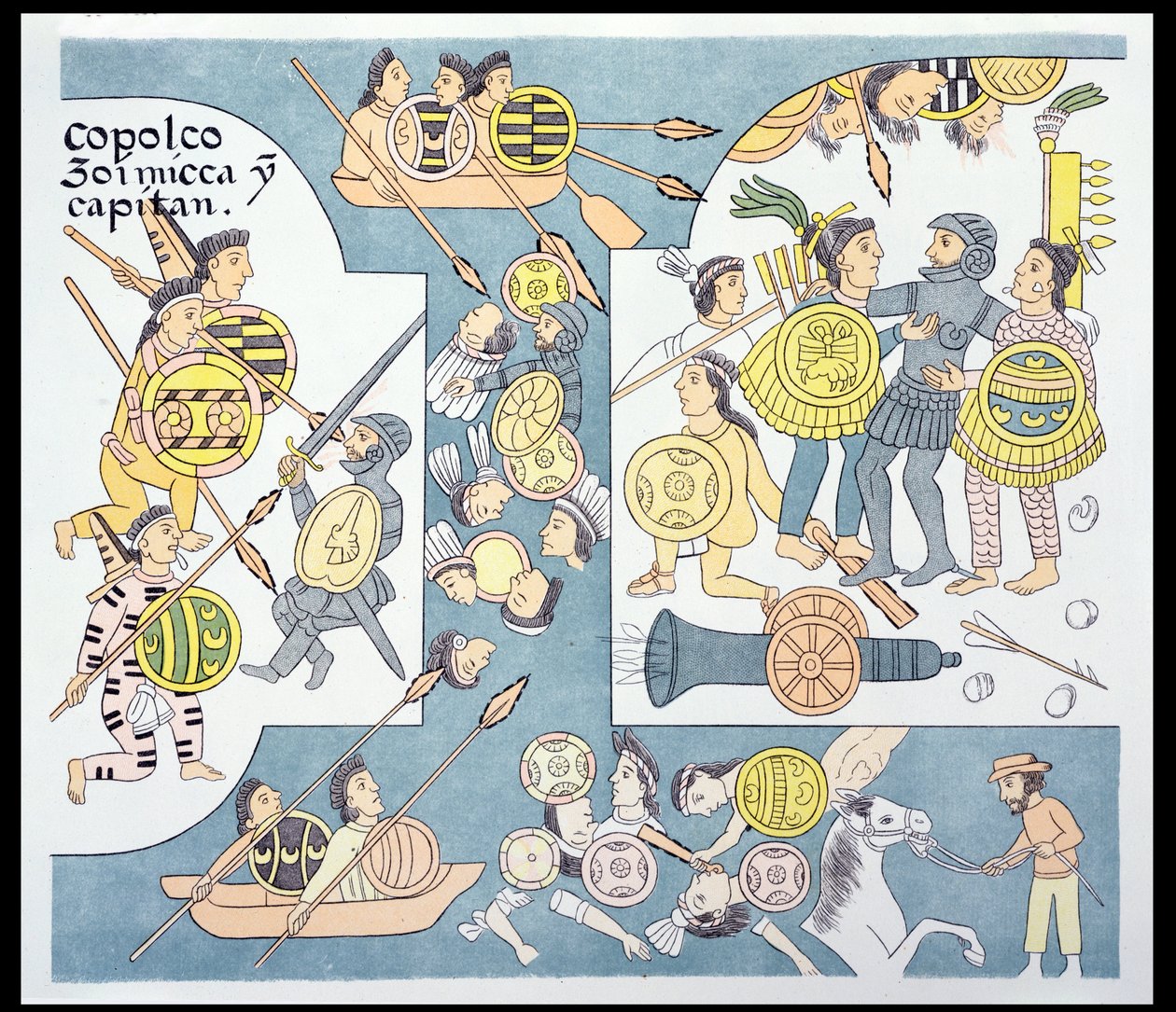Laatste slag tussen Hernando Cortes en Cuauhtemoc in Tenochtitlan, augustus 1521, illustratie uit een facsimile van een Mexicaanse Indiaanse geschiedenisschildering Lienzo de Tlaxcala, ca. 1550, 1892 door Mexican School