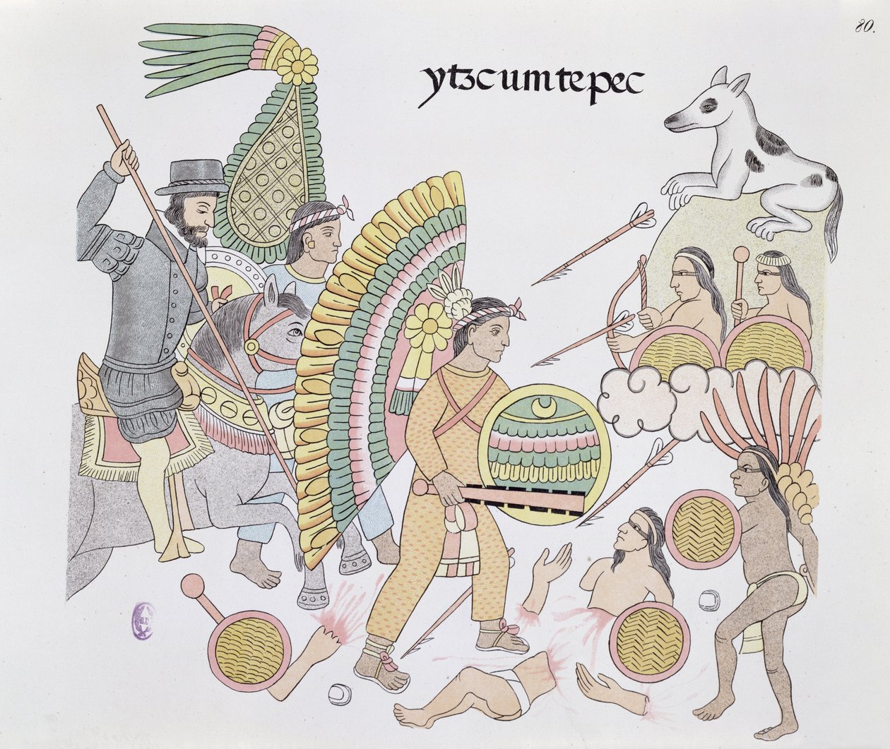 Hernando Cortes, onder belegering in Tenochtitlan, besluit de stad te verlaten, illustratie uit een facsimile van een Mexicaanse Indiaanse geschiedenisschildering Lienzo de Tlaxcala, ca. 1550, 1892 door Mexican School