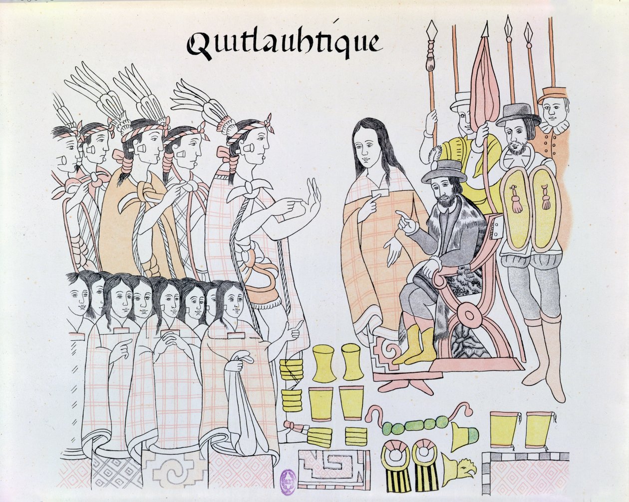 La Malinche (Dona Marina) als tolk tijdens de presentatie van vrouwen en goud door Montezuma aan Hernando Cortes, illustratie uit een facsimile van een Mexicaanse Indiaanse geschiedenisschildering door Mexican School