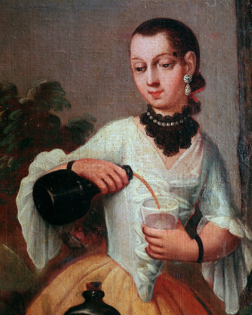 Dame die wijn in een glas schenkt (detail) door Mexican School