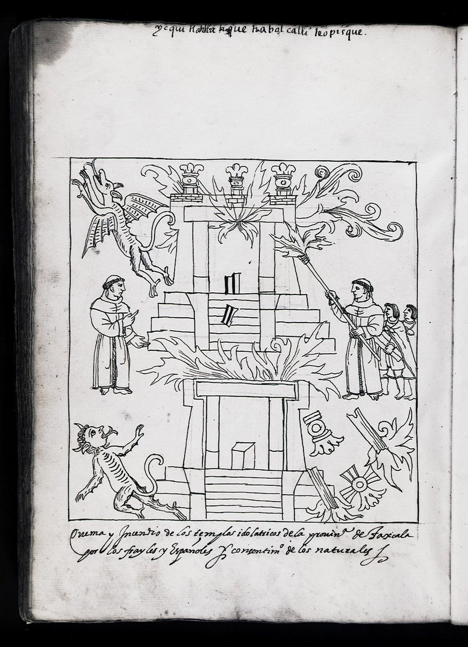 MS Hunter 242 f.240v De Verbranding van de Tempels, Tlaxcala, illustratie uit 