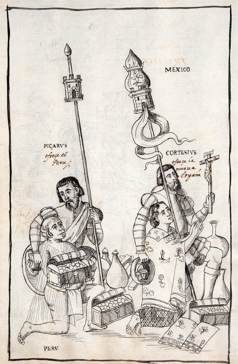 Picarus (Pizarro) presenteert Peru en Cortesius (Cortes) Nueva Espana, illustratie uit Historia de Tlaxcala door Diego Munoz Camargo door Mexican School