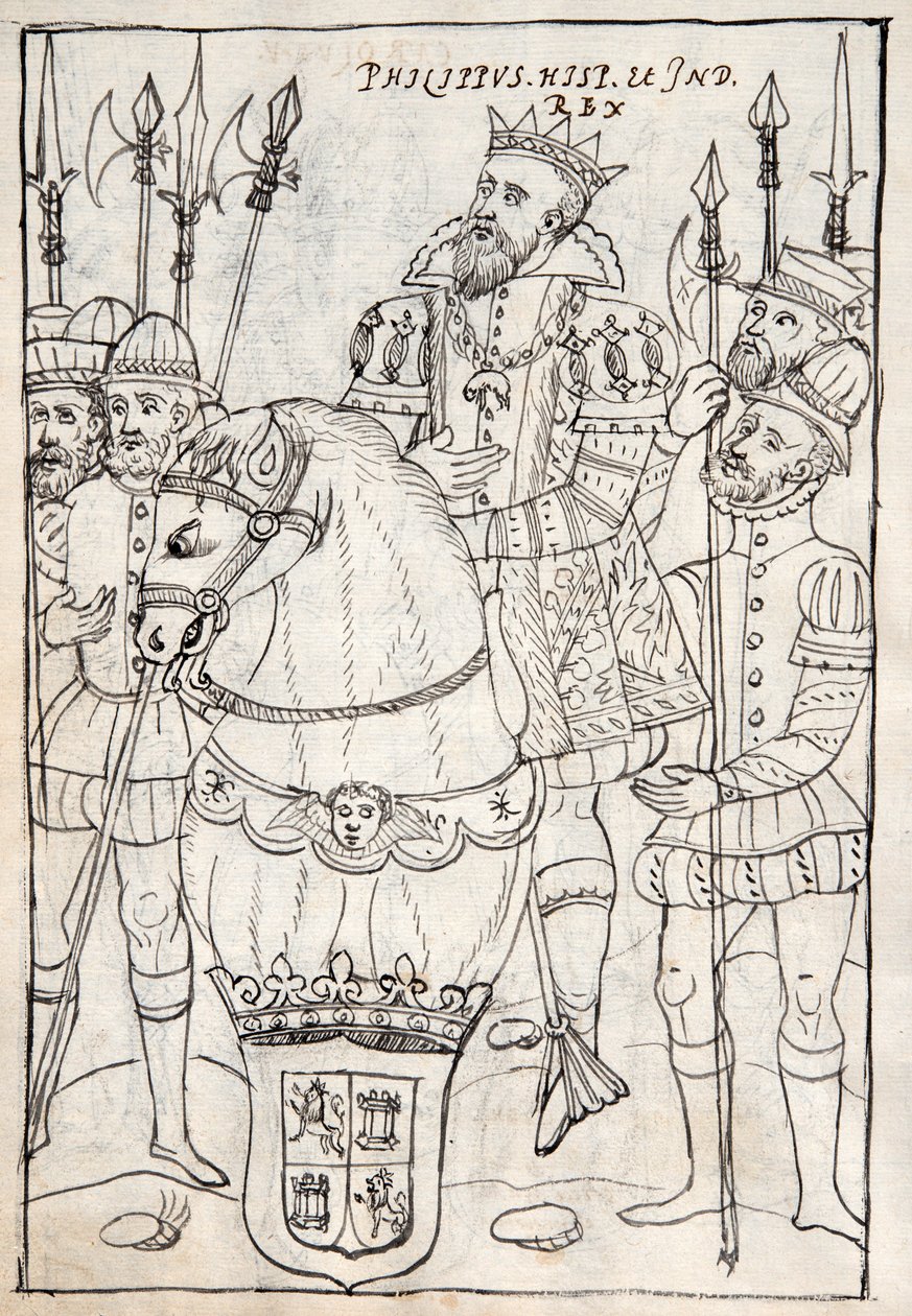 Philip II zittend te paard, dragend de orde van het Gulden Vlies, omringd door soldaten, illustratie uit Historia de Tlaxcala door Diego Munoz Camargo door Mexican School