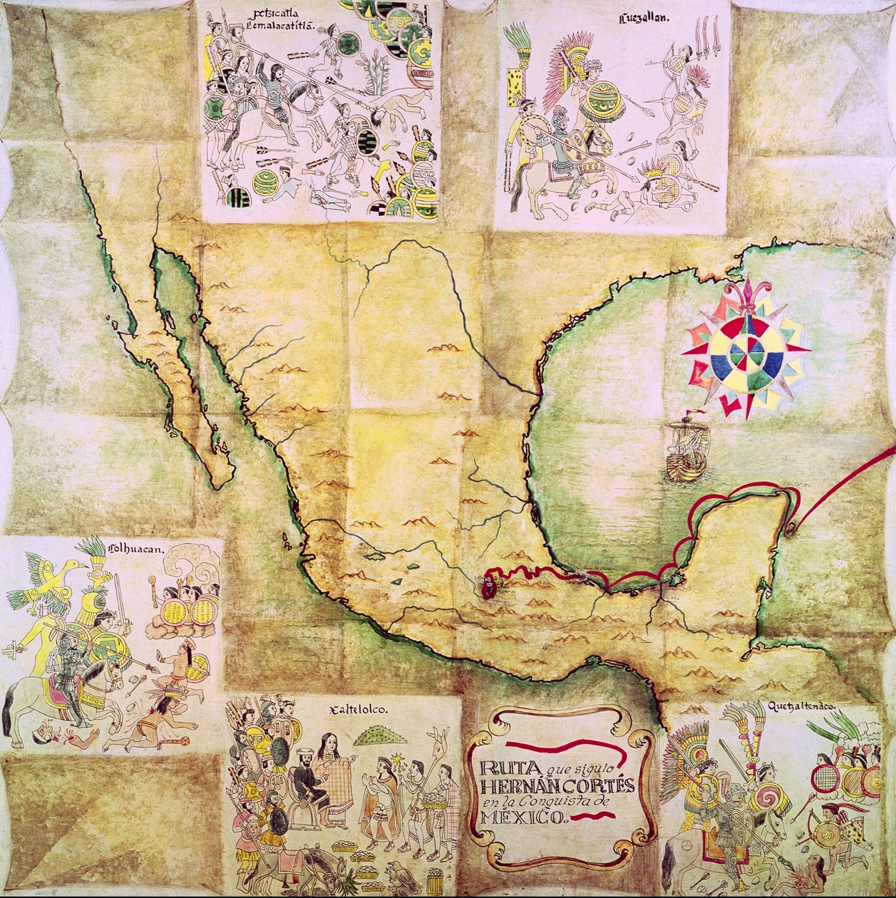 Kaart van de route gevolgd door Hernando Cortes (1485-1547) tijdens de verovering van Mexico door Mexican School