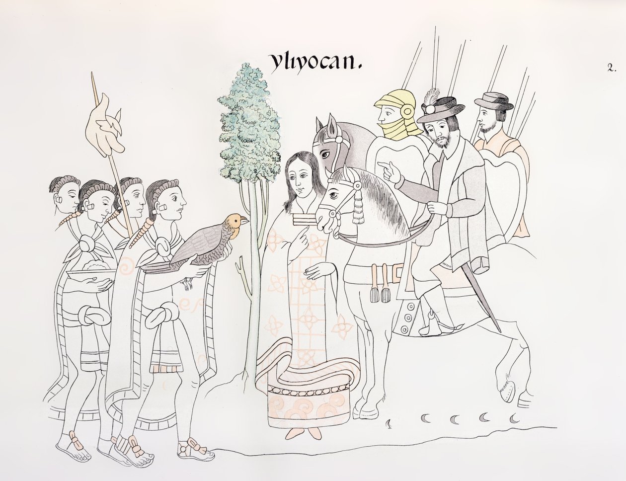Ontmoeting van Hernando Cortes en de Azteken, illustratie uit een facsimile van een Mexicaanse Indiaanse geschiedenisschildering Lienzo de Tlaxcala, ca. 1550, 1892 door Mexican School