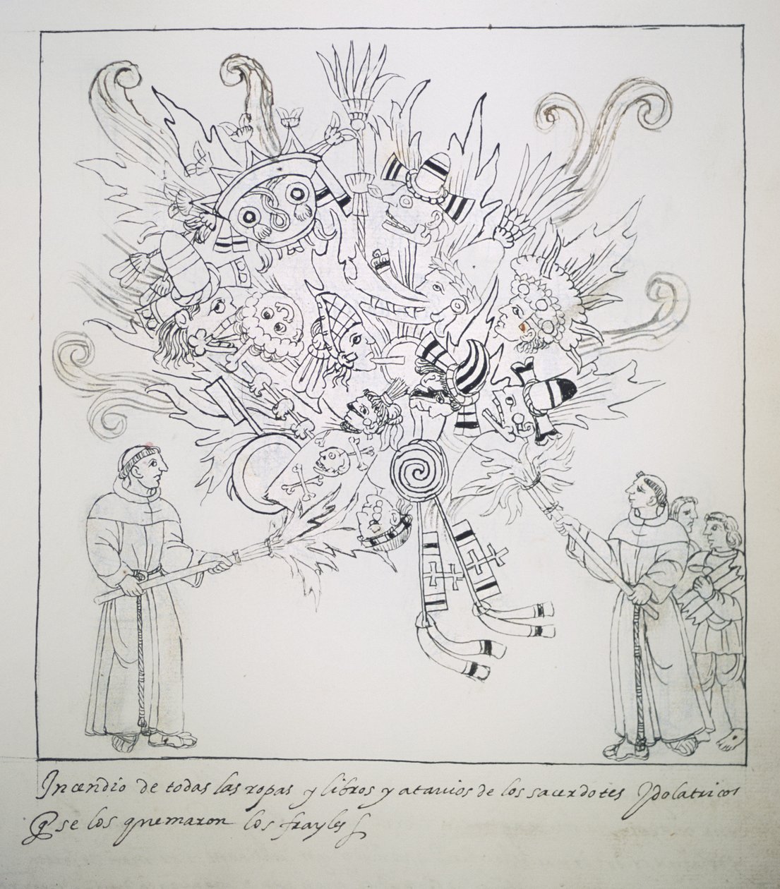 Franciscaanse monniken verbranden traditionele boeken en kleding, uit Historia de Tlaxcala door Diego Munoz Camargo door Mexican School