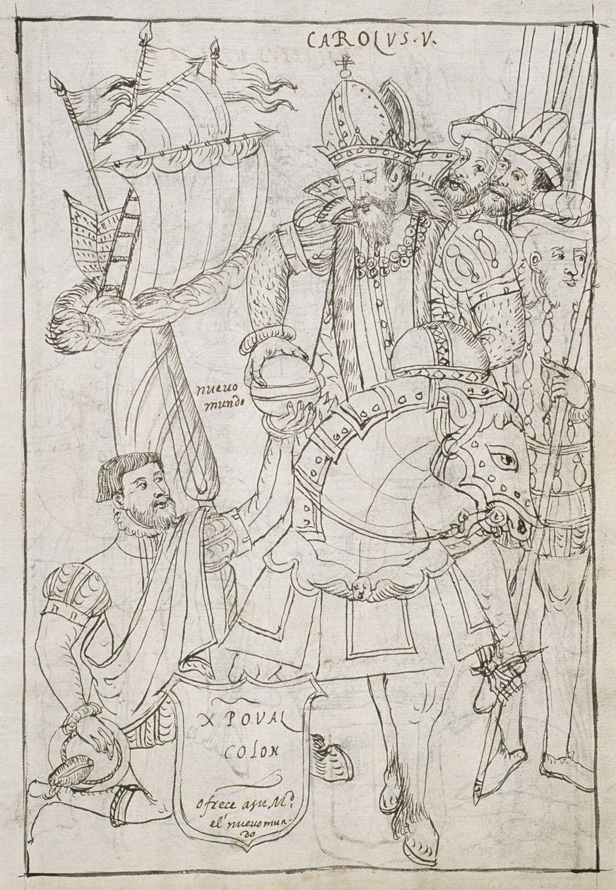 Christoffel Columbus (1451-1506) biedt symbolisch de Nieuwe Wereld aan Karel V (1500-08), uit Historia de Tlaxcala door Diego Munoz Camargo door Mexican School
