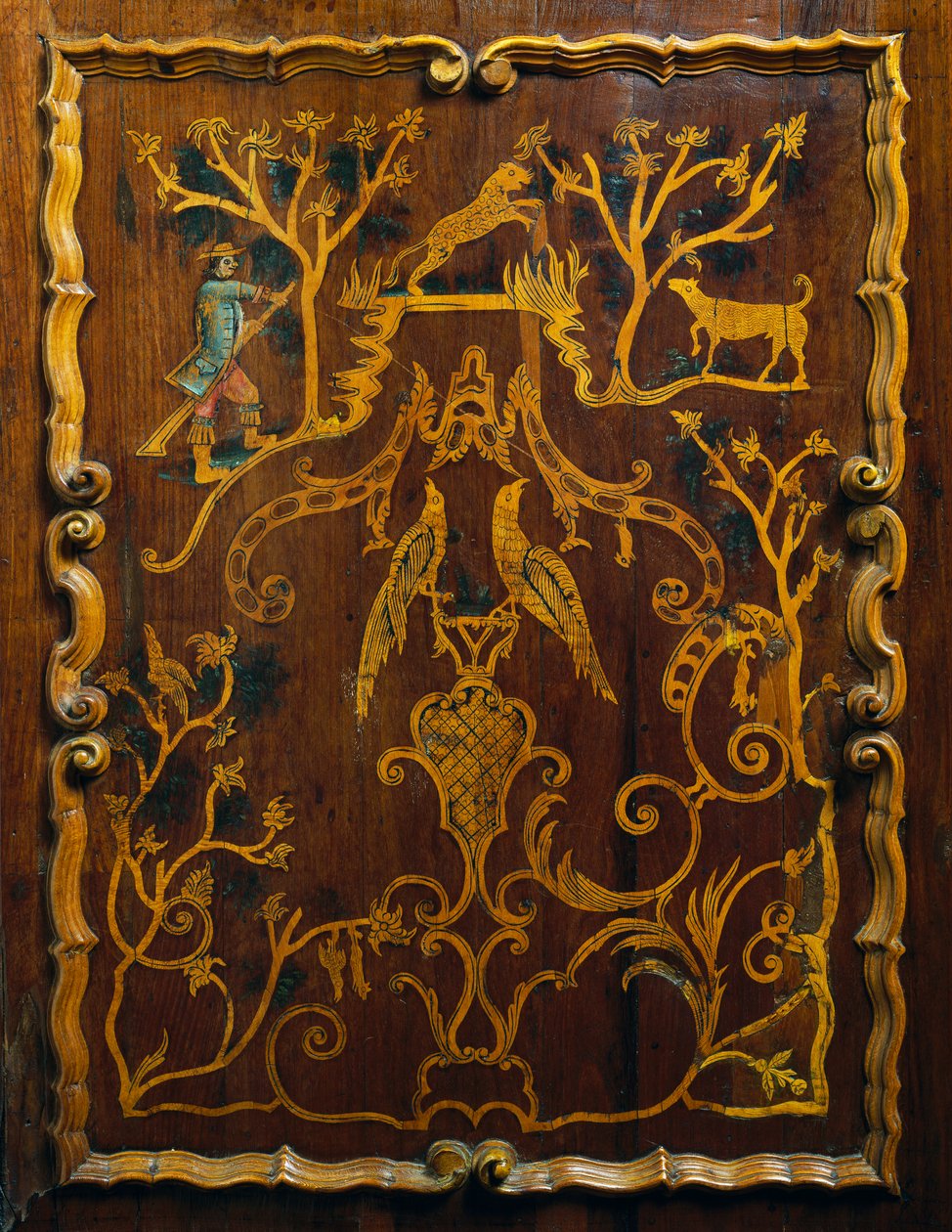 Rococo stijl houten linnenkast met polychrome inleg en voet, Koloniale periode door Mexican School