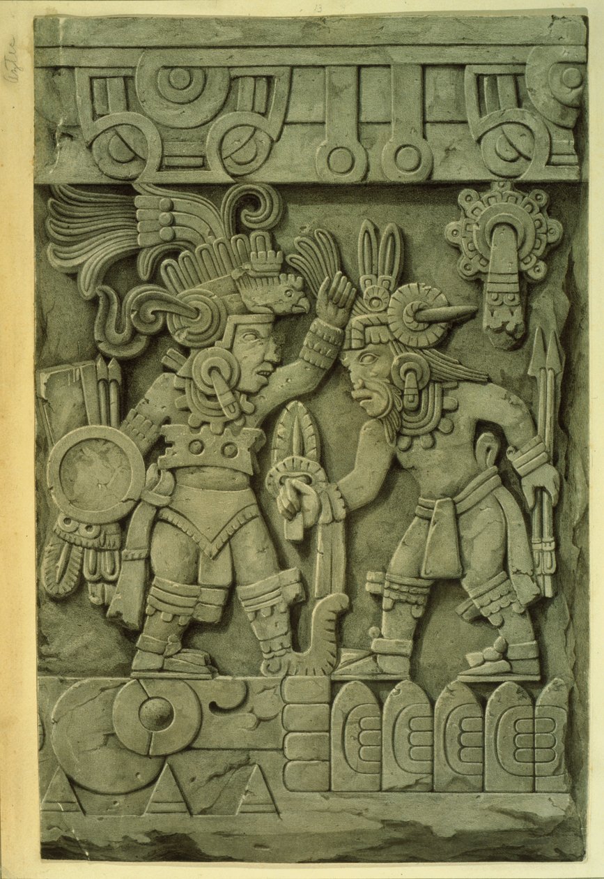 De steen van Tizoc (kleurenlitho) door Mexican School