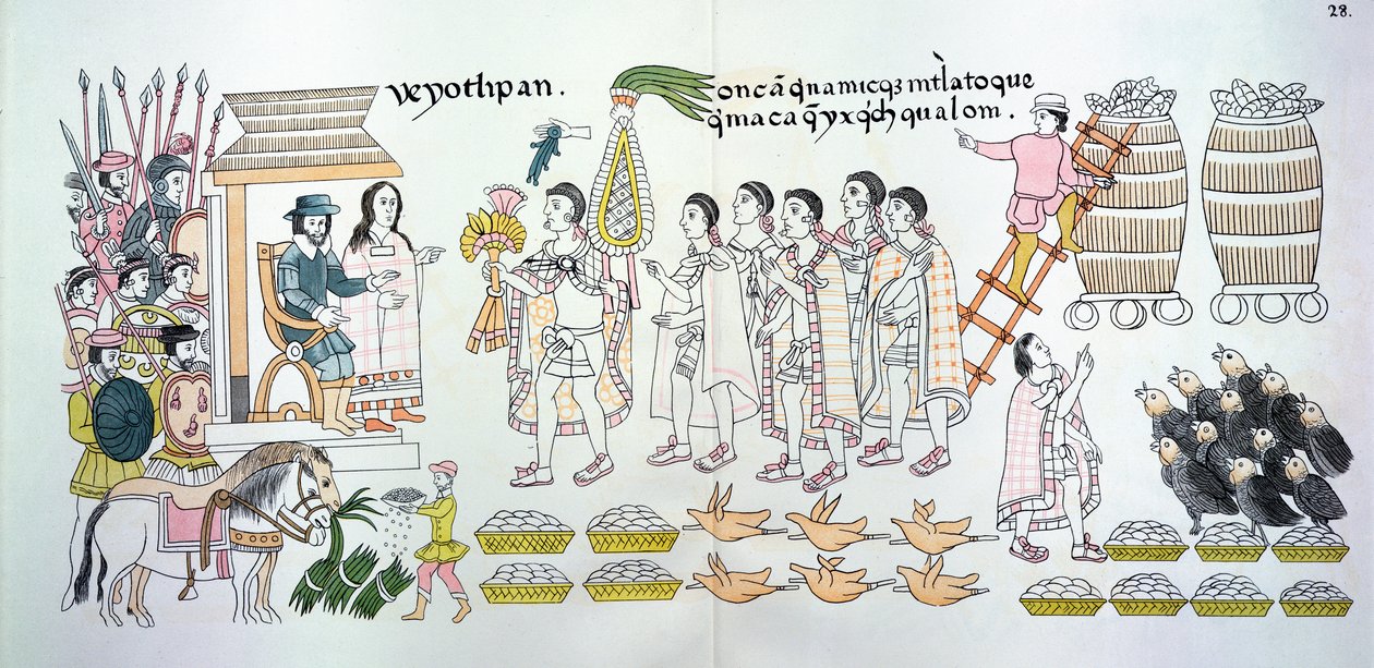 De Tlaxcalan hoofdman, Maxixcatzin, presenteert een boeket rozen en andere geschenken aan Hernando Cortes als welkomsttekens, illustratie uit een facsimile van een Mexicaanse Indiaanse geschiedenisschildering door Mexican School
