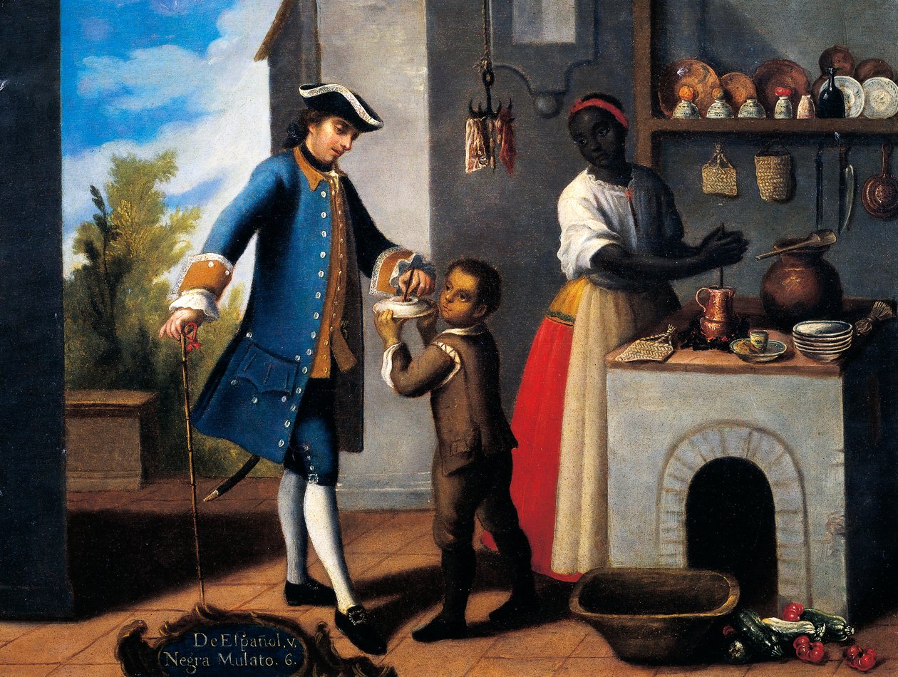Witte Spaanse man, Zwarte vrouw en gemengd ras zoon (mulat), Schilderij over het thema van rassenvermenging door Mexican School