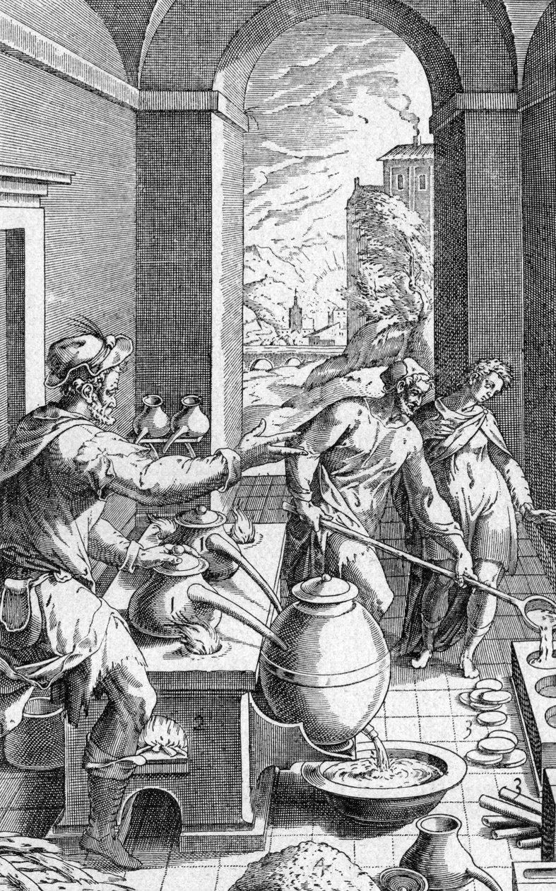 Een alchemist in zijn werkplaats, gravure uit Metallotheca door Michele Mercati (1541-1593) uitgegeven 1719 door Michael Mercator