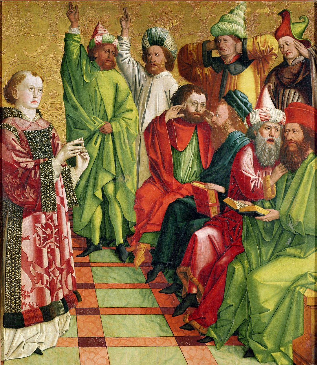 St. Stefanus voor de Rechters, van het Altaarstuk van St. Stefanus, ca.1470 door Michael Pacher