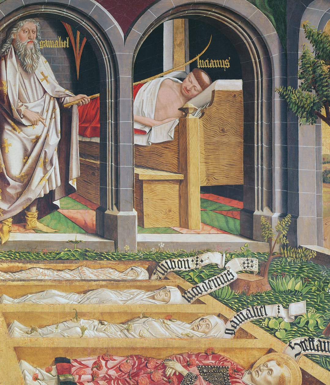 De Verschijning van Gamaliël aan de Priester, Lucien, van het Altaarstuk van St. Stefanus, c.1470 door Michael Pacher