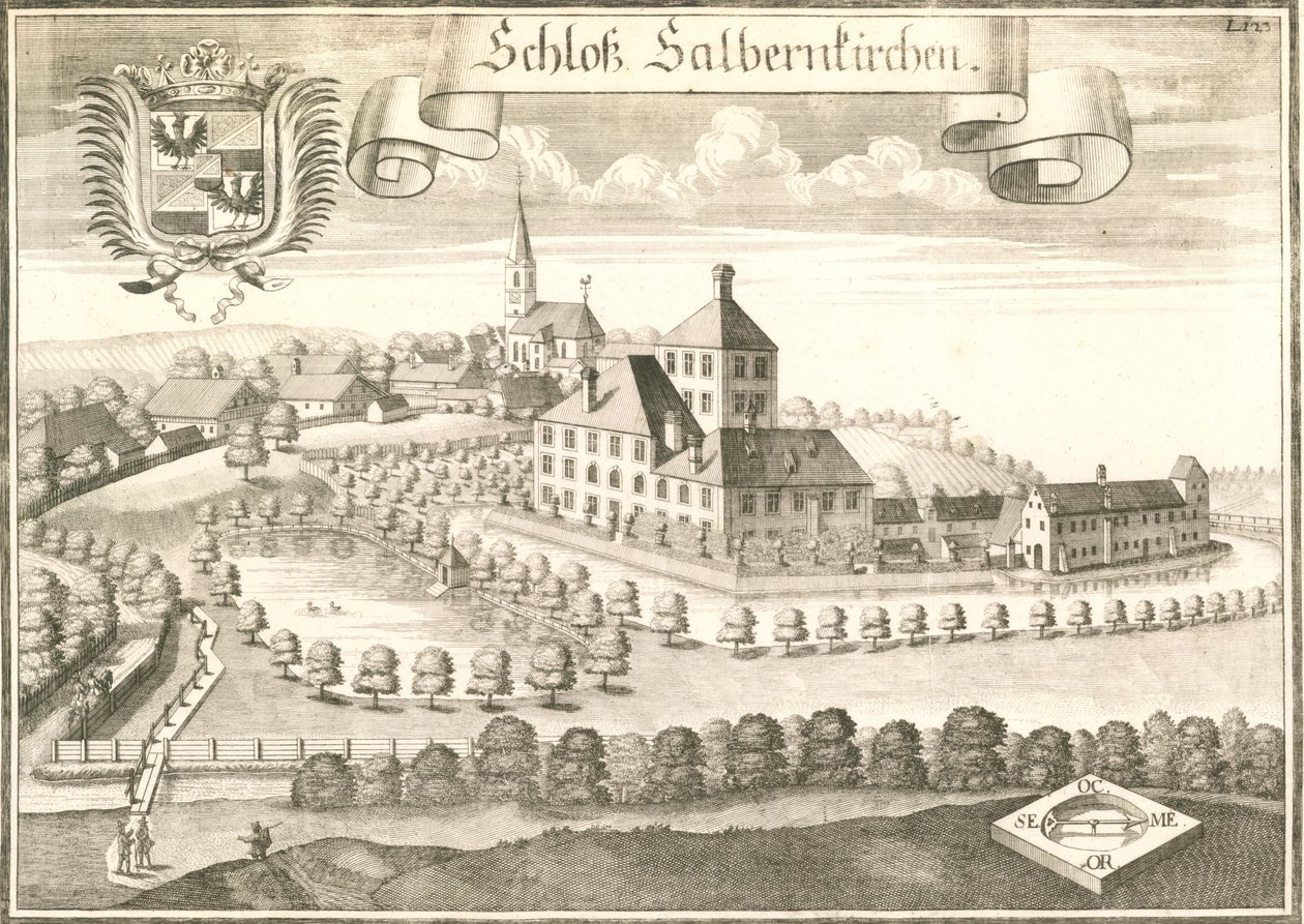 Gezicht op het kasteel van Salmanskirchen bij Ampfing in Beieren, gravure van Michael Wening door Michael Wening