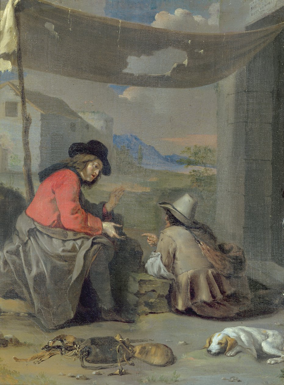 Twee figuren zittend met een hond door Michael (attr. to) Sweerts