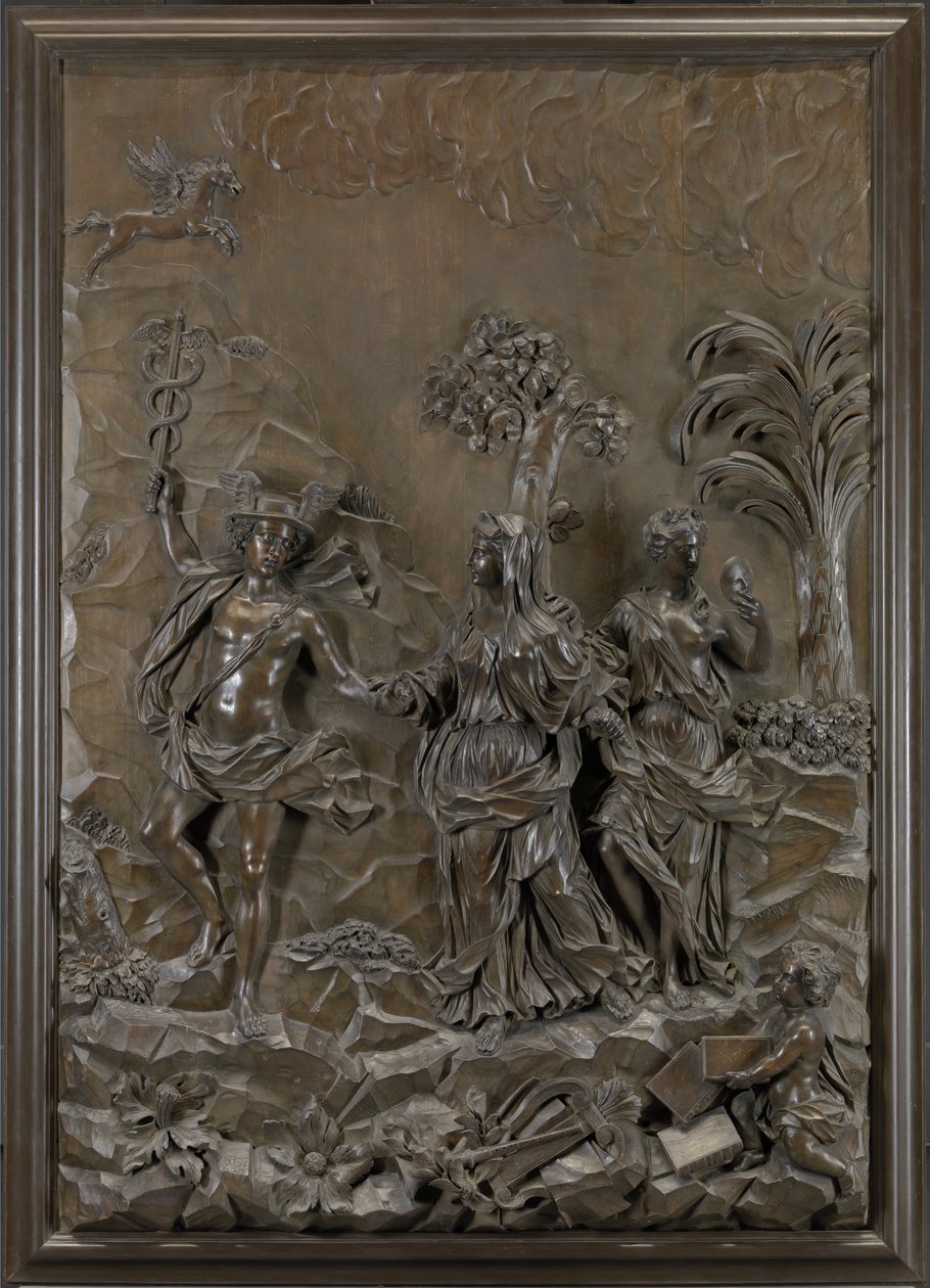 De Stowe-reliëfs: Mercurius begeleidt tragische en komische poëzie naar de heuvel van Parnassus, c.1740 (gebronsd lindehout) door Michael (attr.to) Chuke