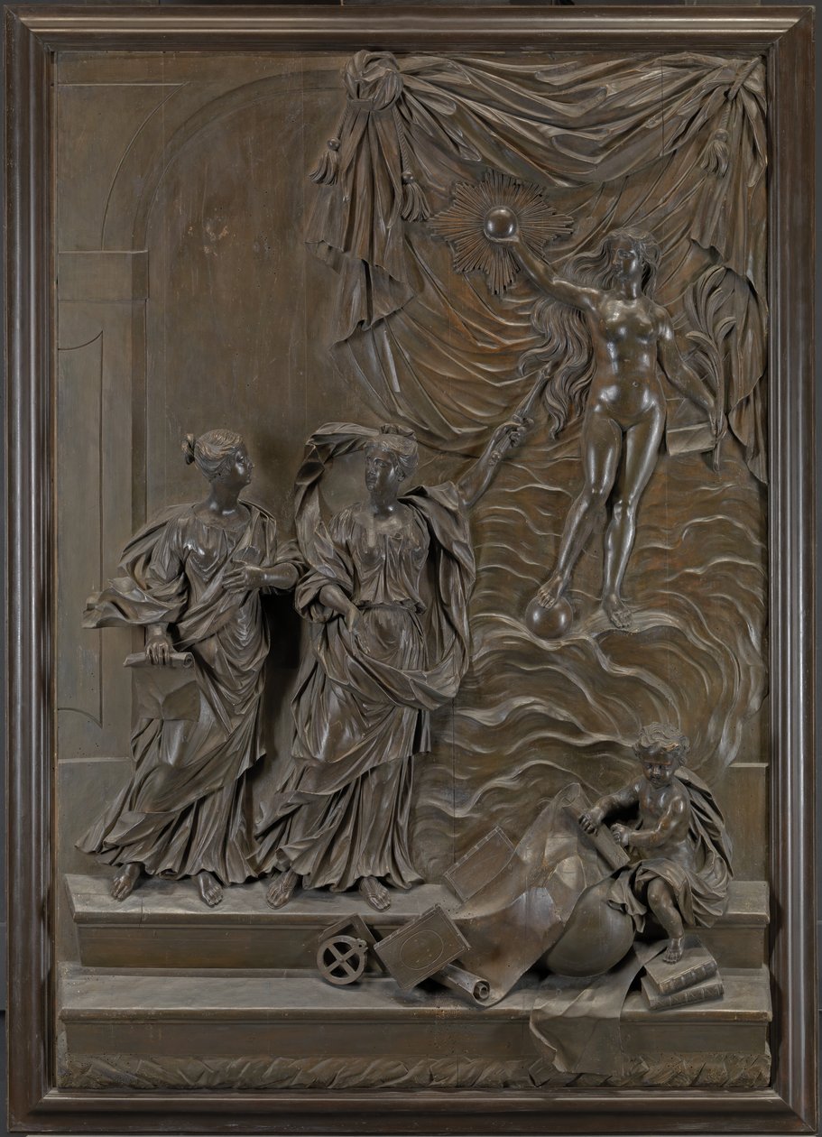 De Stowe-reliëfs: mogelijk Waarheid die zichzelf onthult aan de vrije kunsten, c.1715 door Michael (attr.to) Chuke