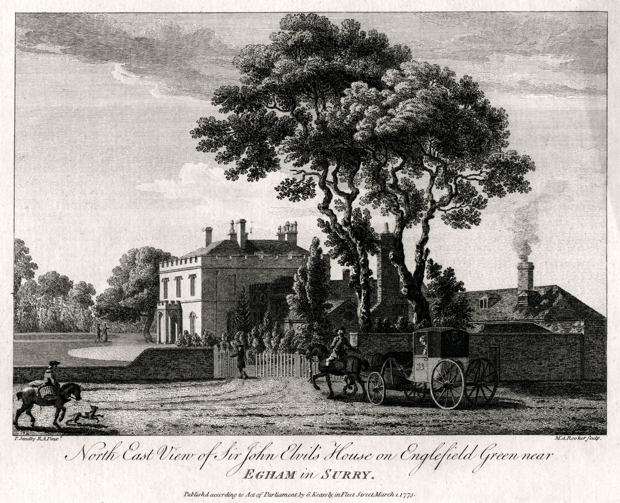 Noordoostelijk Uitzicht op het Huis van Sir John Elvils op Englefield Green bij Egham in Surry, 1775 door Michael Angelo Rooker