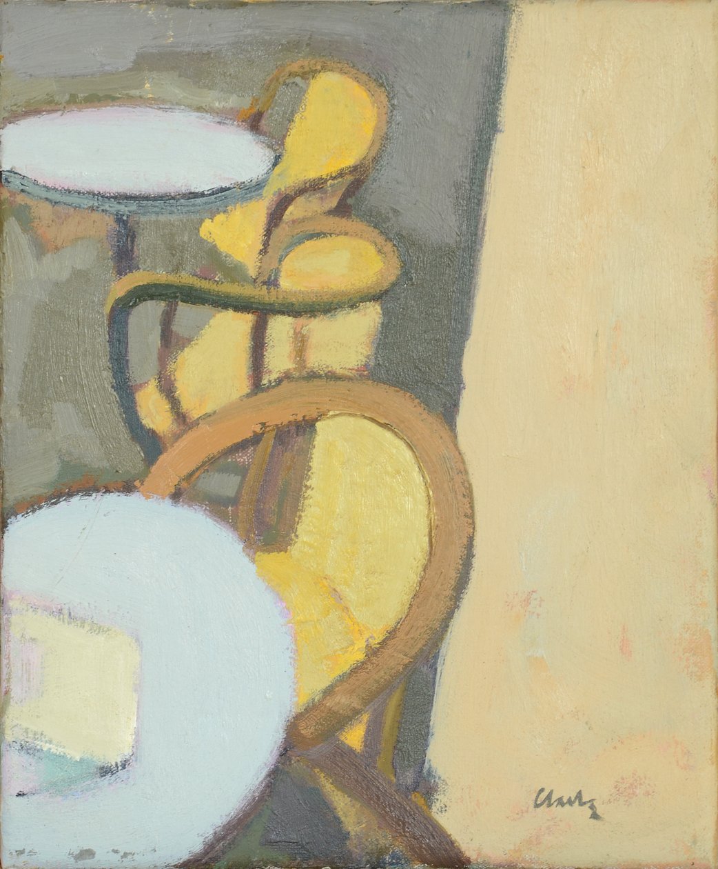 Café tafelblad, 2017 (olieverf op linnen) door Michael G. Clark