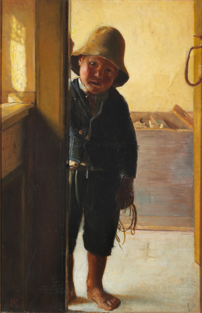 De zoon van een visser kijkt door een deuropening. door Michael Peter Ancher
