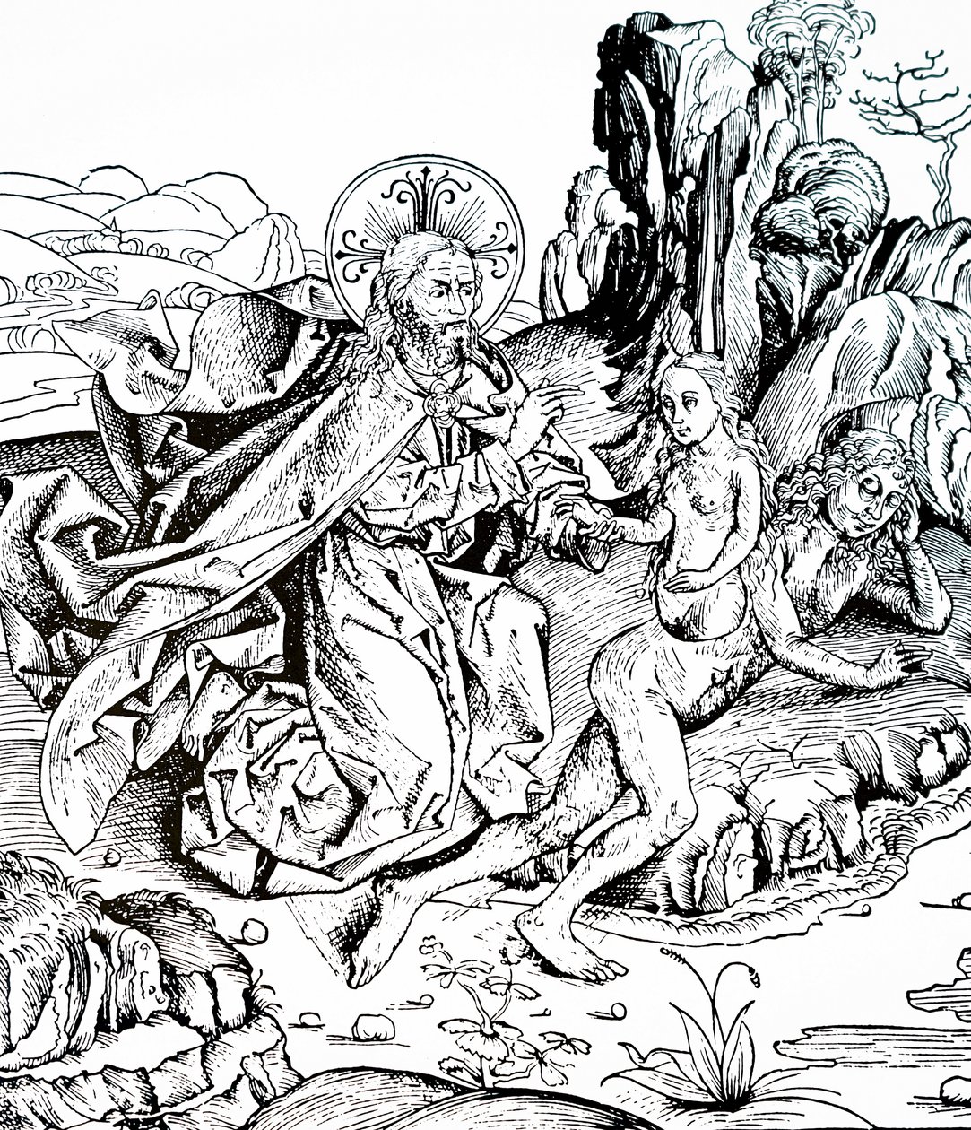 De schepping van Adam en Eva uit de Kroniek van Neurenberg door Michael & Pleydenwurff W. (d.1494) Wolgemuth
