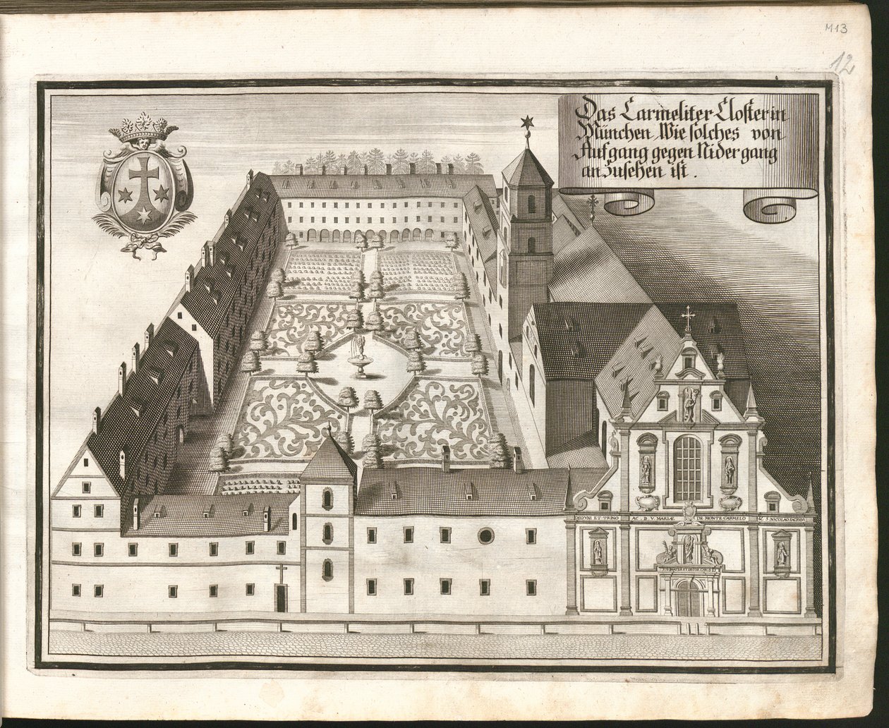 Duits: Het karmelietenklooster in München, gezien vanuit het noorden naar het oosten door Michael Wening
