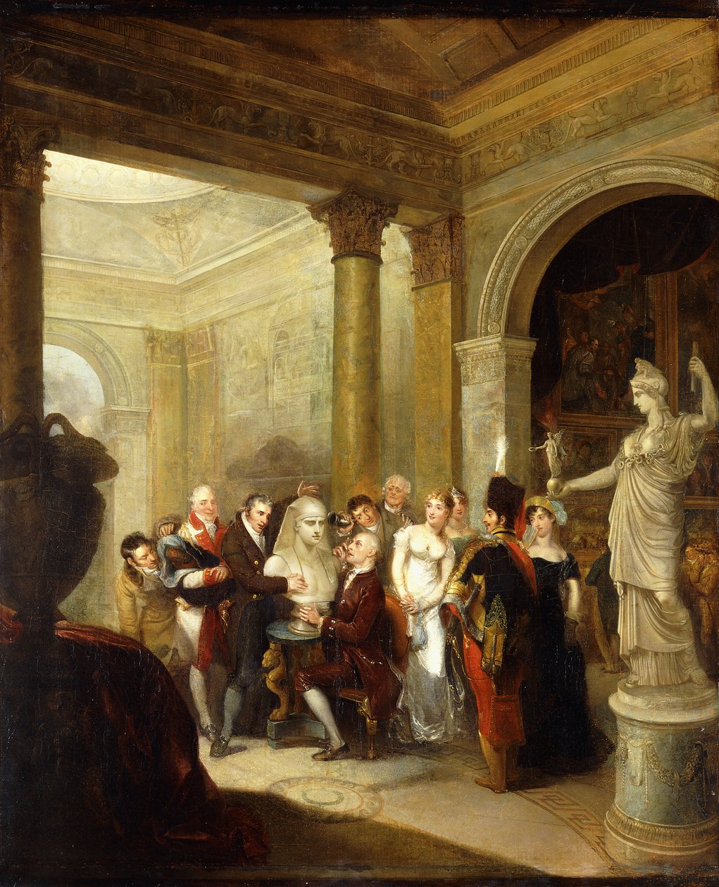 Een Capriccio-interieur met een groep dames en heren die een buste van Antinous onderzoeken, met de Hoop Athene en een schilderijengalerij rechts; een koepelzaal links, 1811 door Michael William Sharp