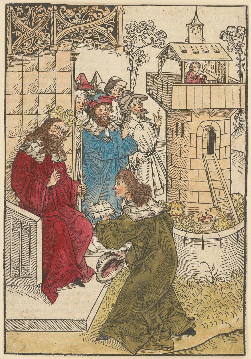 Ein Fürst kniet vor König Darius und der betende Daniel über der Löwengrube door Michael Wolgemut