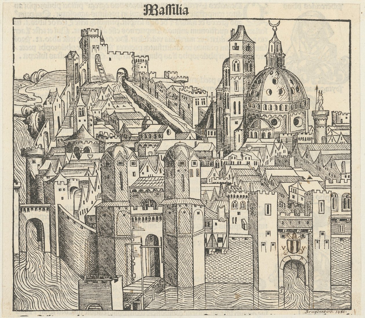 Phantasieansicht der Stadt Marseille [recto], drei Porträts (Phereades, Pythagoras und Sappho) [verso] door Michael Wolgemut