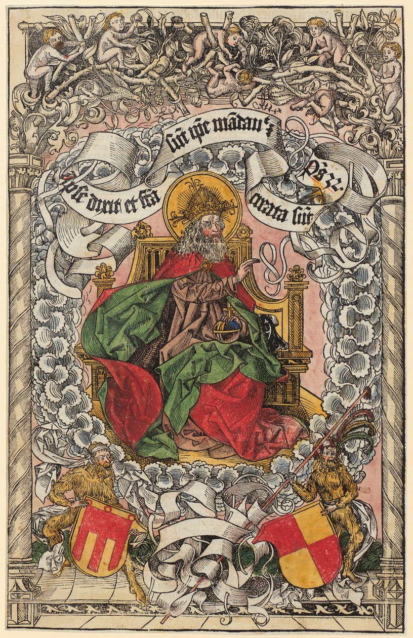 Titelholzschnitt mit Gottvater auf dem himmlischen Thron, die Hand segnend erhoben door Michael Wolgemut