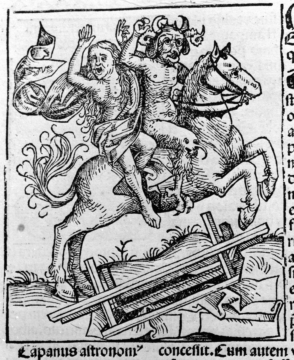 De Duivel en een Heks op weg naar de Sabbat door Hartmann Schedel Liber chronicarum Neurenberg 1493 door Michael Wolgemut or Wolgemuth