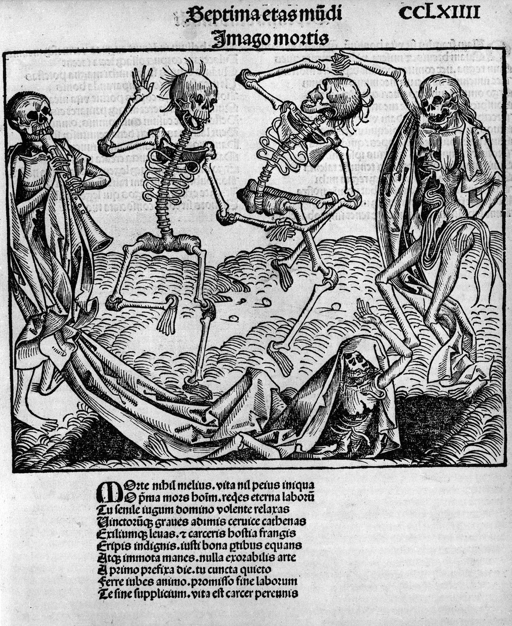 Macabere dansscène, met skeletten, - in 